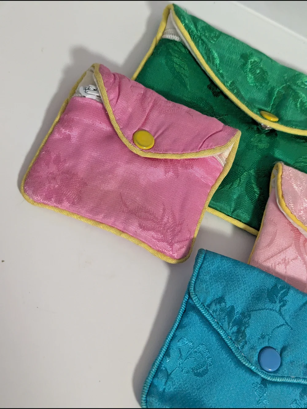 Silk Jacquard Multi-Color Zip & Snap Pouch Set - Pink, Green, Turquoise